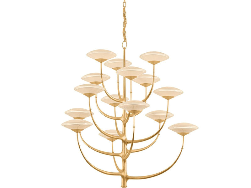 Corbett Lighting Pluro 15-Light Vintage Gold Leaf Off White Tiered Bowl Chandelier